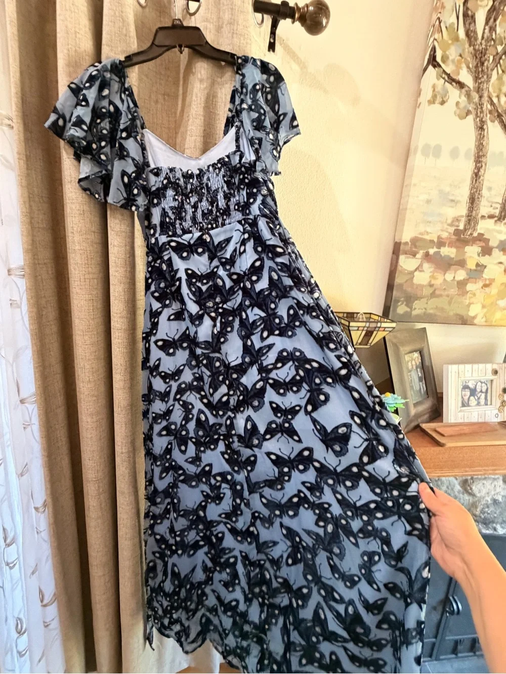 La Femme En Noir Corpse Bride Butterfly Print Maxi Dress in Lavender and Black